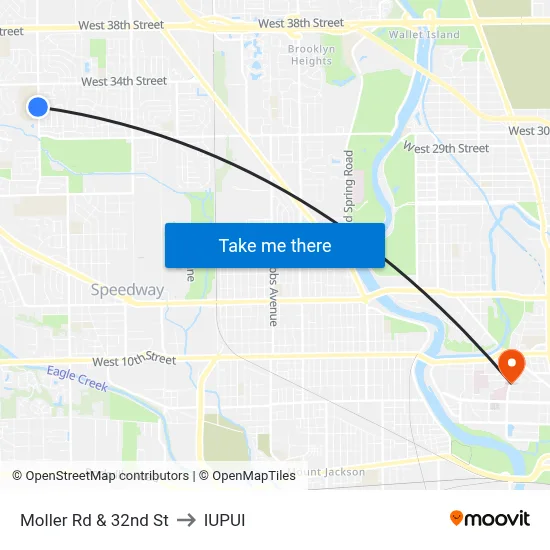 Moller Rd & 32nd St to IUPUI map
