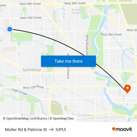 Moller Rd & Patricia St to IUPUI map