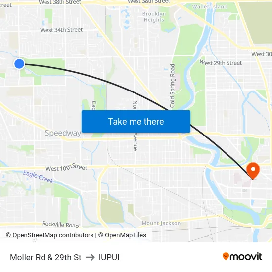 Moller Rd & 29th St to IUPUI map