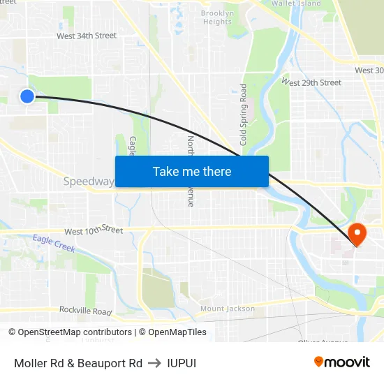 Moller Rd & Beauport Rd to IUPUI map