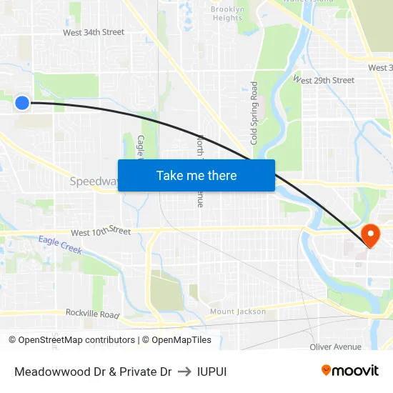 Meadowwood Dr & Private Dr to IUPUI map