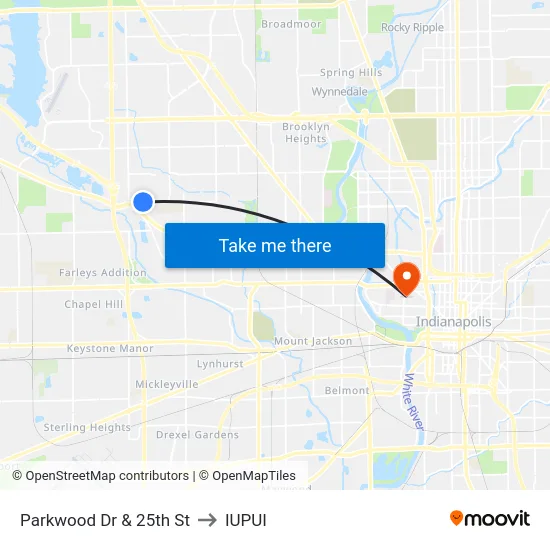 Parkwood Dr & 25th St to IUPUI map