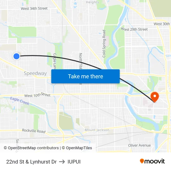 22nd St & Lynhurst Dr to IUPUI map