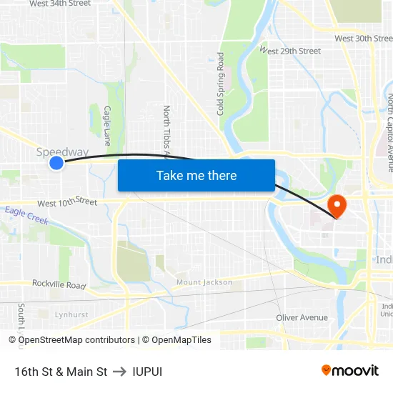 16th St & Main St to IUPUI map