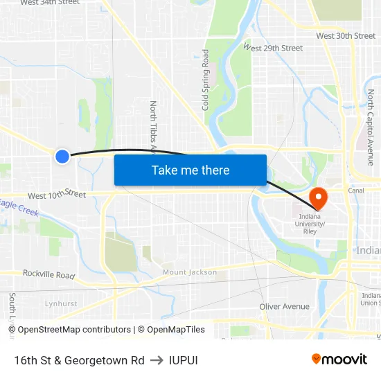 16th St & Georgetown Rd to IUPUI map