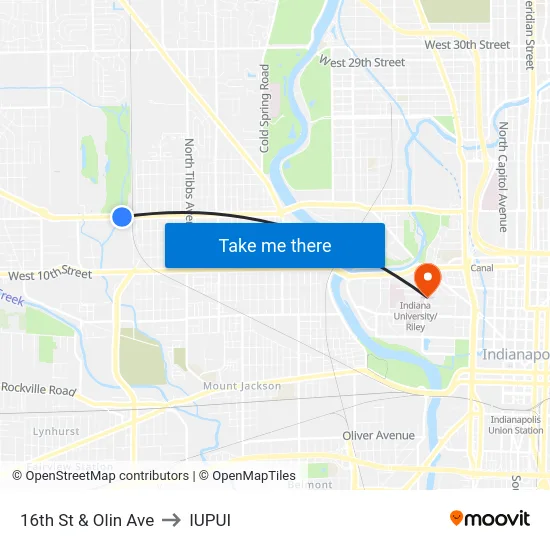 16th St & Olin Ave to IUPUI map