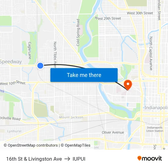16th St & Livingston Ave to IUPUI map