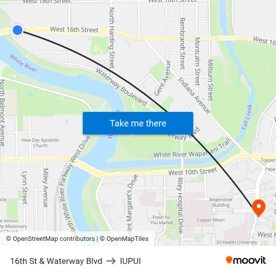 16th St & Waterway Blvd to IUPUI map