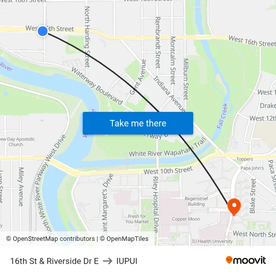 16th St & Riverside Dr E to IUPUI map