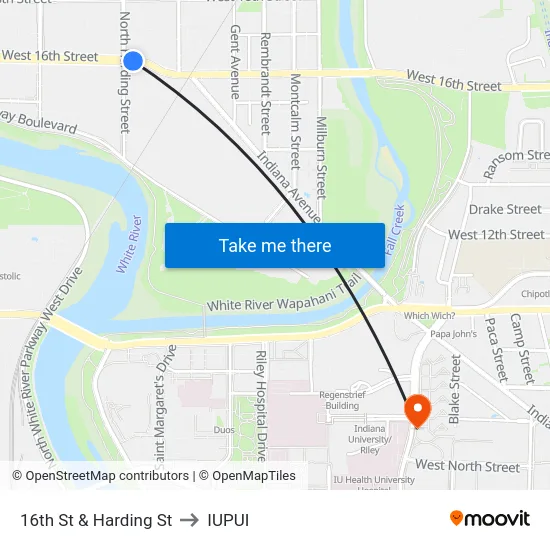 16th St & Harding St to IUPUI map