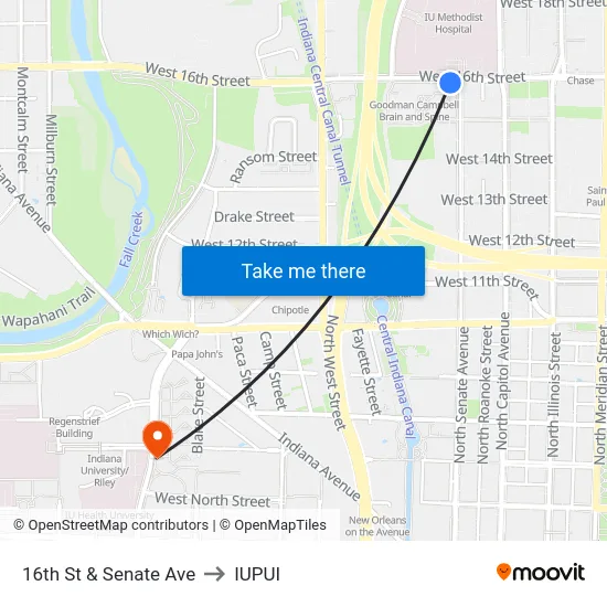 16th St & Senate Ave to IUPUI map