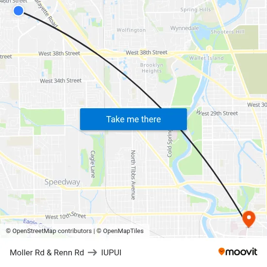 Moller Rd & Renn Rd to IUPUI map