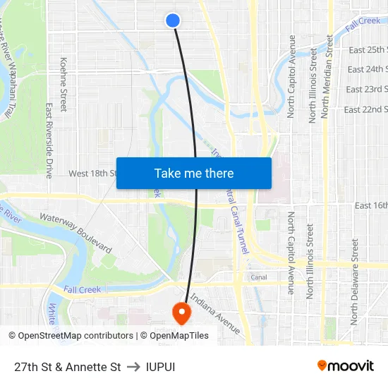 27th St & Annette St to IUPUI map