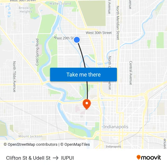 Clifton St & Udell St to IUPUI map