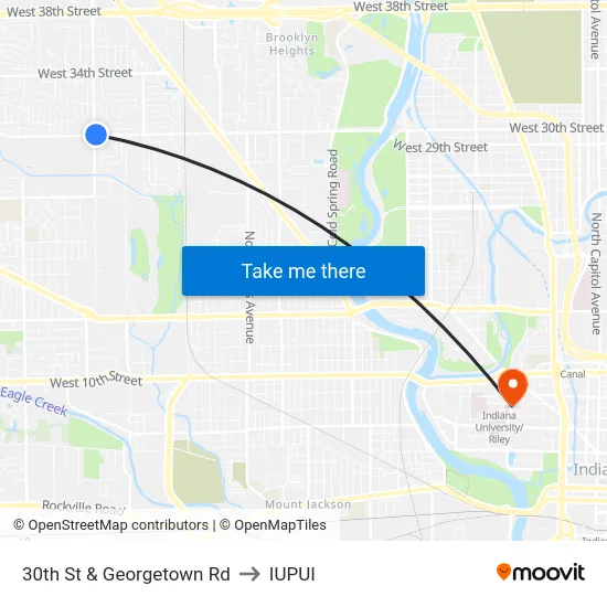 30th St & Georgetown Rd to IUPUI map