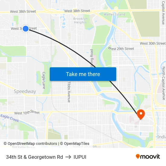 34th St & Georgetown Rd to IUPUI map