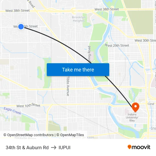 34th St & Auburn Rd to IUPUI map