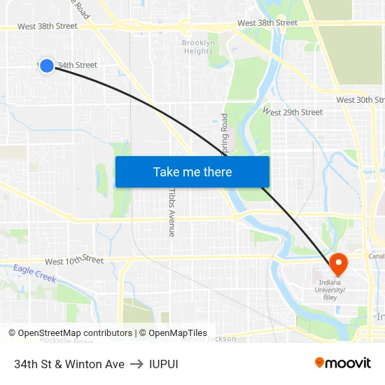 34th St & Winton Ave to IUPUI map