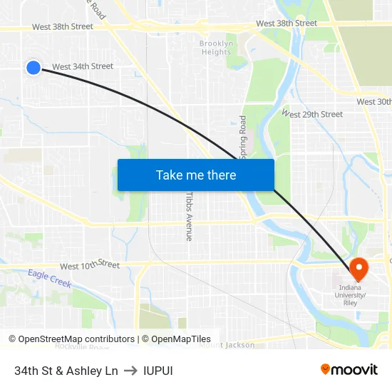 34th St & Ashley Ln to IUPUI map