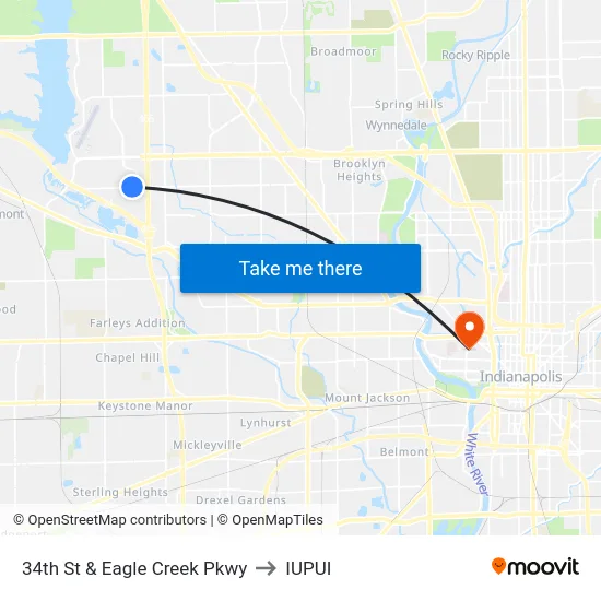 34th St & Eagle Creek Pkwy to IUPUI map