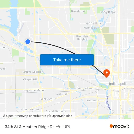 34th St & Heather Ridge Dr to IUPUI map