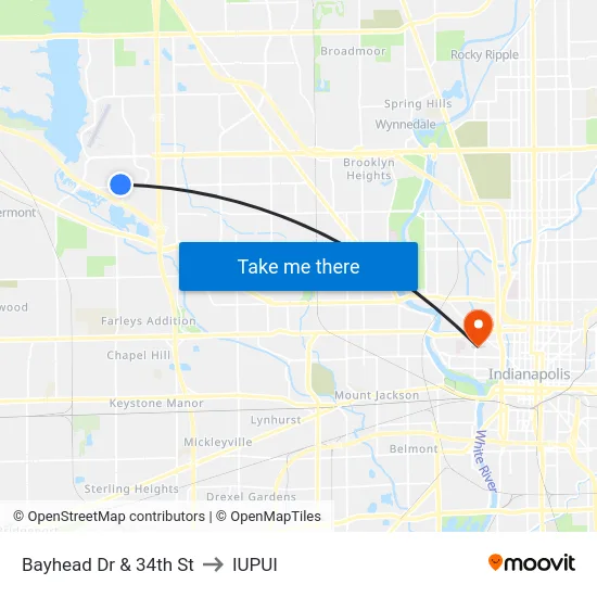 Bayhead Dr & 34th St to IUPUI map