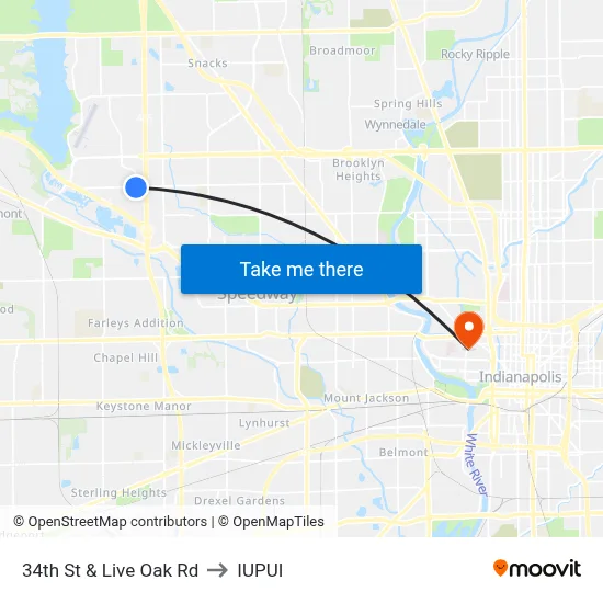 34th St & Live Oak Rd to IUPUI map