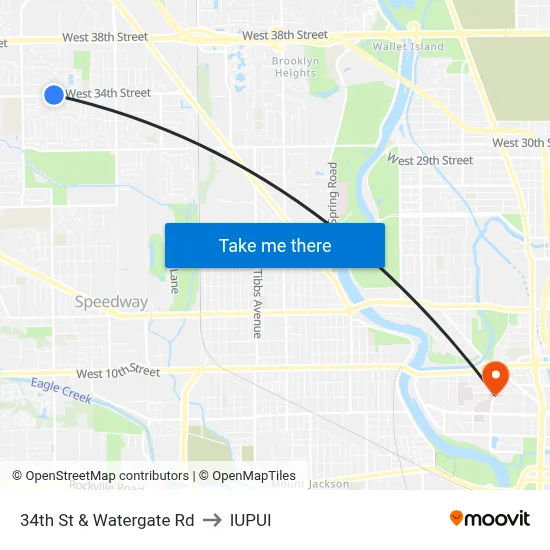 34th St & Watergate Rd to IUPUI map