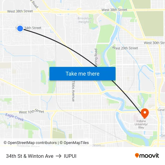 34th St & Winton Ave to IUPUI map