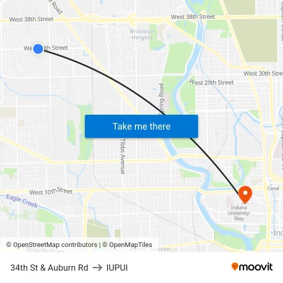34th St & Auburn Rd to IUPUI map