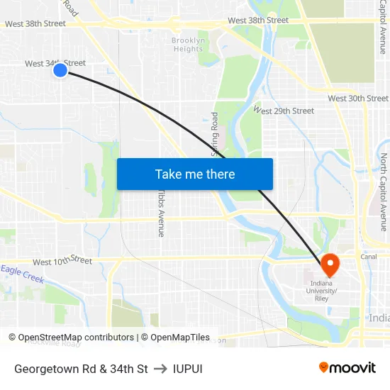 Georgetown Rd & 34th St to IUPUI map