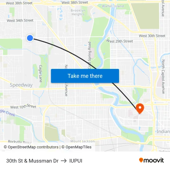 30th St & Mussman Dr to IUPUI map