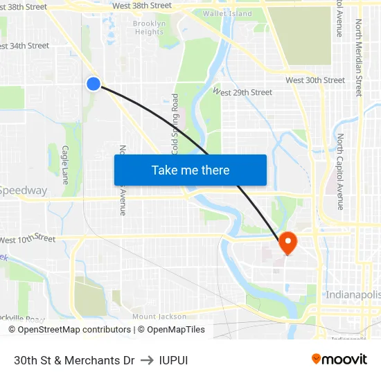 30th St & Merchants Dr to IUPUI map