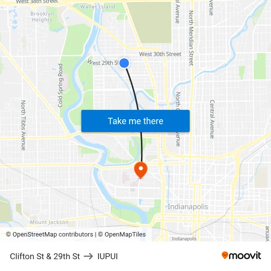 Clifton St & 29th St to IUPUI map