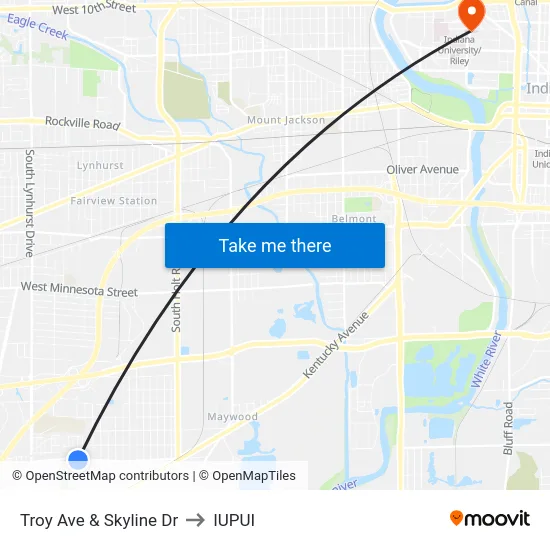 Troy Ave & Skyline Dr to IUPUI map