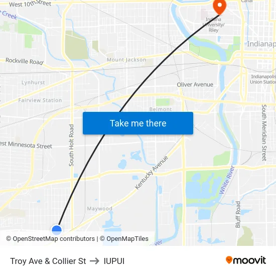 Troy Ave & Collier St to IUPUI map