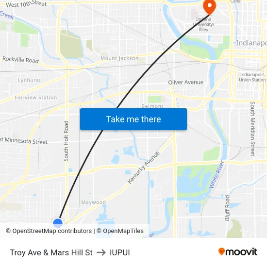 Troy Ave & Mars Hill St to IUPUI map