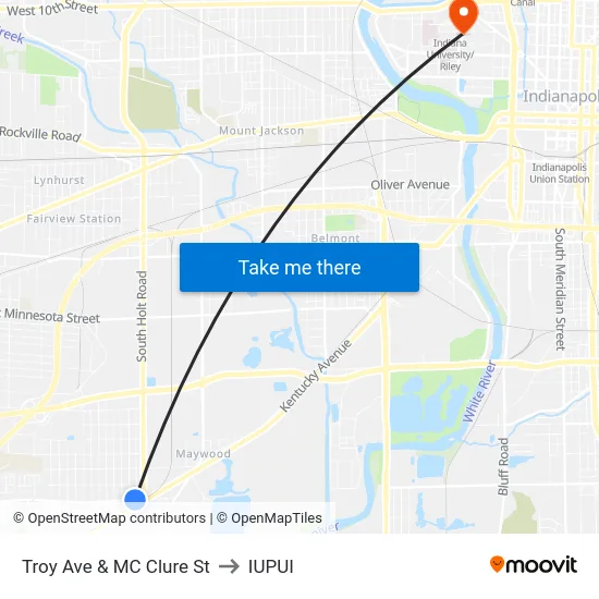 Troy Ave & MC Clure St to IUPUI map