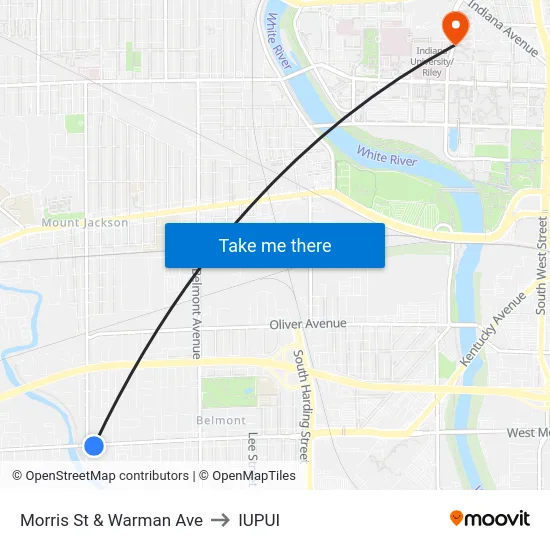 Morris St & Warman Ave to IUPUI map