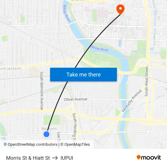 Morris St & Hiatt St to IUPUI map