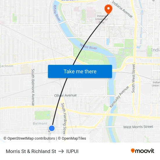 Morris St & Richland St to IUPUI map
