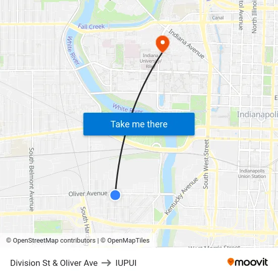 Division St & Oliver Ave to IUPUI map
