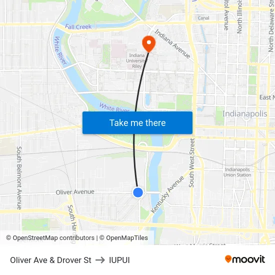 Oliver Ave & Drover St to IUPUI map