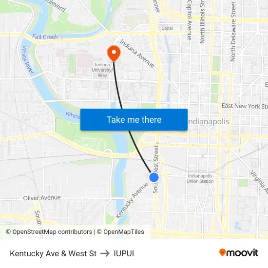 Kentucky Ave & West St to IUPUI map