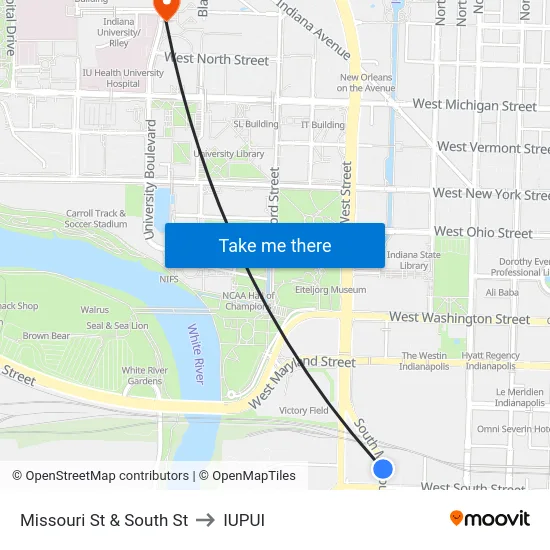 Missouri St & South St to IUPUI map