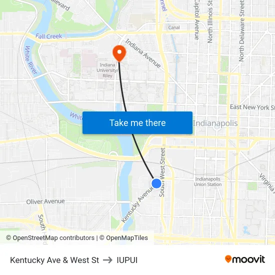 Kentucky Ave & West St to IUPUI map