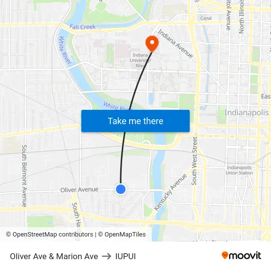 Oliver Ave & Marion Ave to IUPUI map