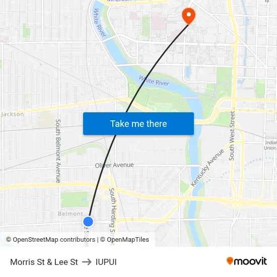 Morris St & Lee St to IUPUI map