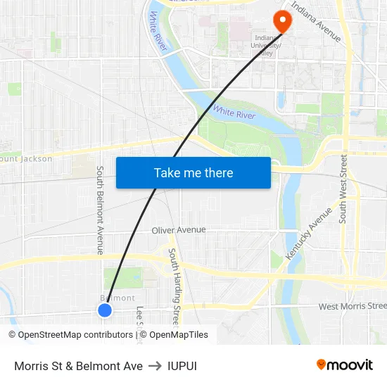 Morris St & Belmont Ave to IUPUI map
