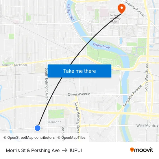 Morris St & Pershing Ave to IUPUI map